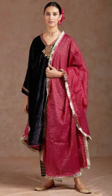 Buy Bell Cut Sleeve Black Velvet Salwar Suit With Red Dupatta