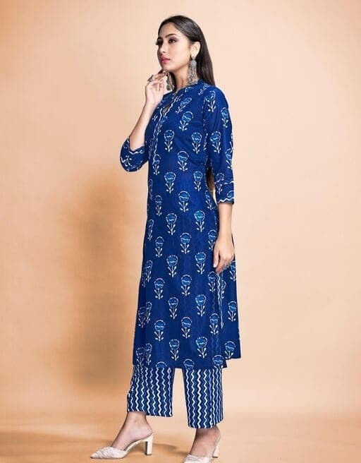 Casual Wear Blue Colored Rayon Cotton Kurti With Palazzo