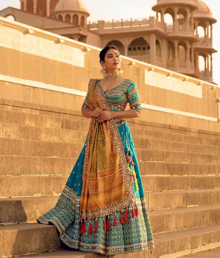 Thumbnail: Buy Sky Blue Colored Soft Butter Silk Digital Printed Real Mirror Work Lehenga C