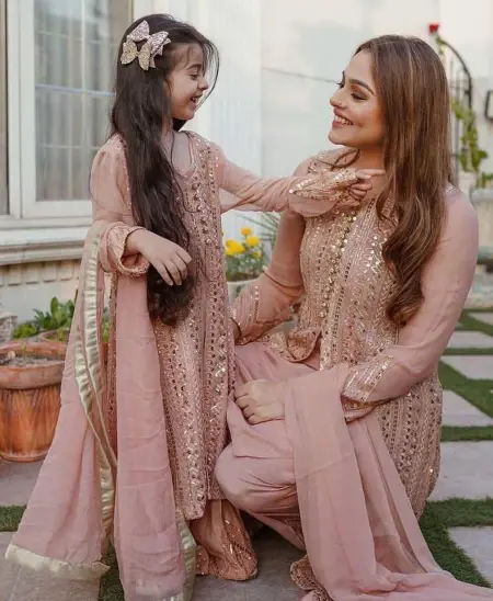 Buy Wedding Wear Peach Color Mother Daughter Sharara Suit Combo