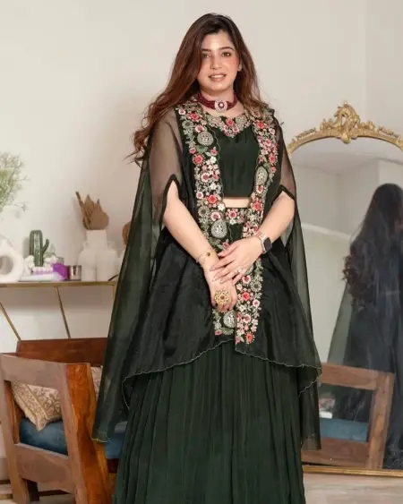 Buy Wedding Wear Dark Green Color Lehenga Choli With Fancy Shrug