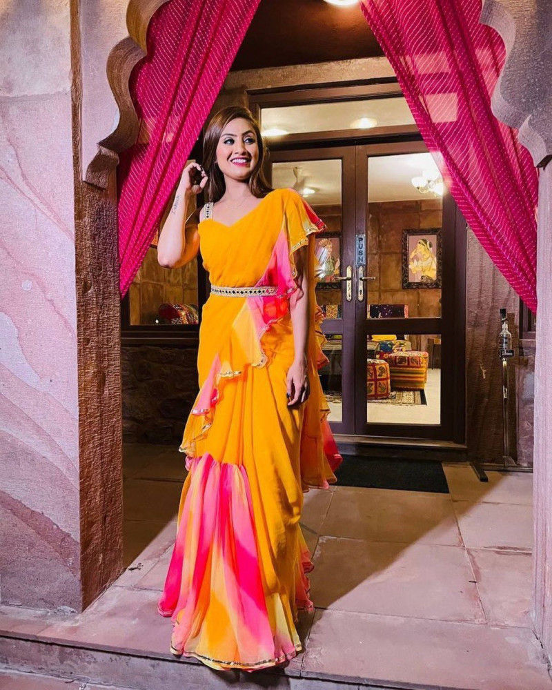 Buy Digital Print Bollywood Georgette Saree Yellow Ruffle Party Wear Saree