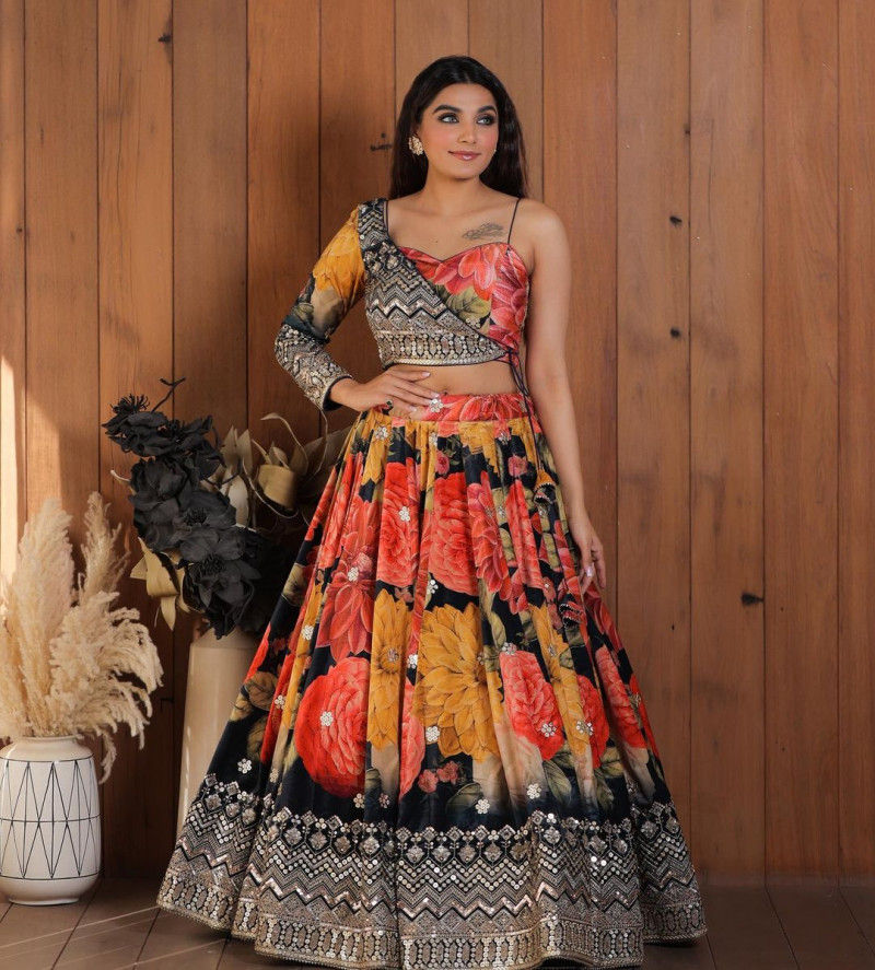 Buy Multi Color Lehenga Choli With One Side Sleeve Jacket