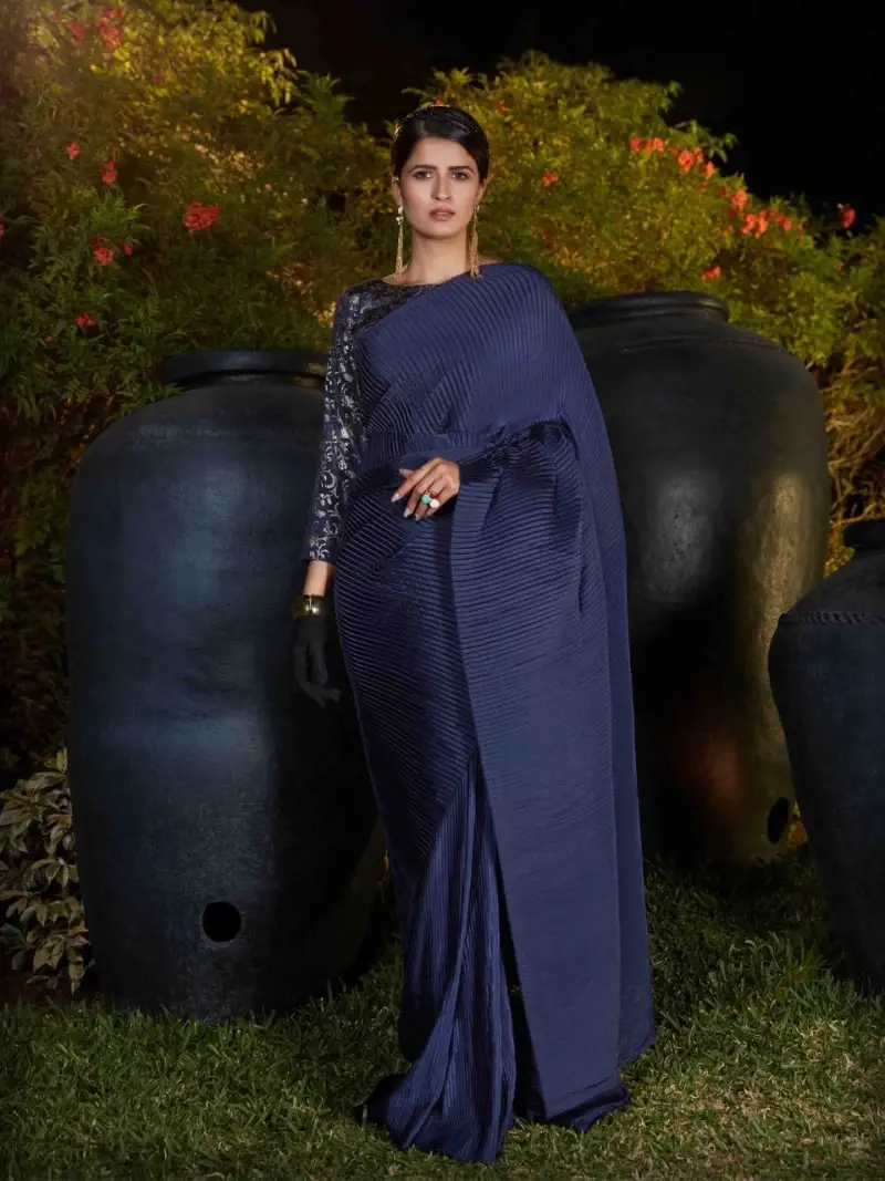 Buy Bollywood Wear Navy Blue Color Plitting Work Saree