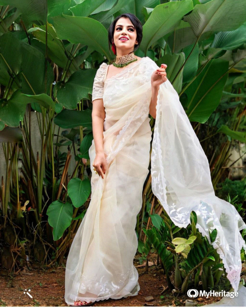 Buy Rose Water Off White Colored  Pure Organza Saree