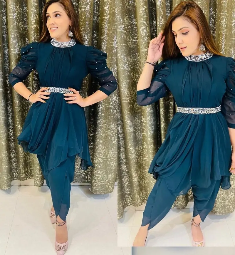 Buy Sangeet OutFit Teal Blue Georgette Real Mirror Dhoti Suit