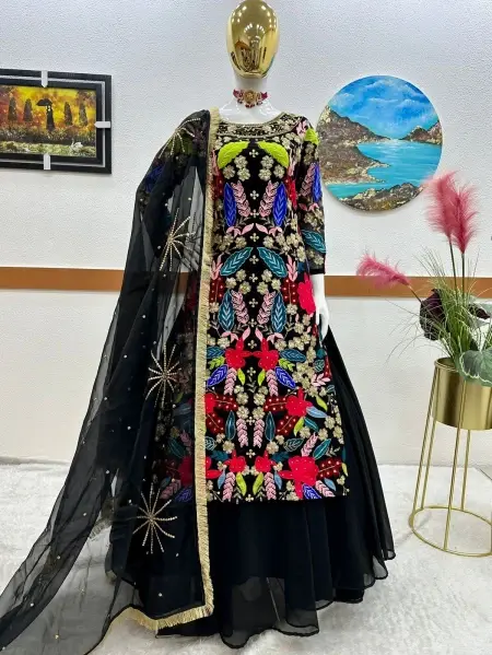 Stylish Buy Embroidery Double Sequence Work Black Color Top With Lehenga