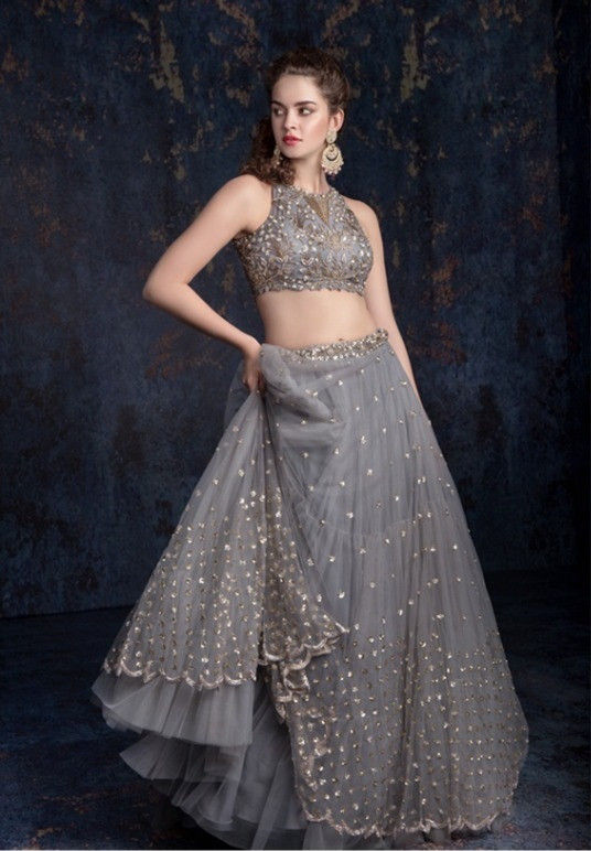 Buy Party Wear Grey Colored Sequin Work Lehenga