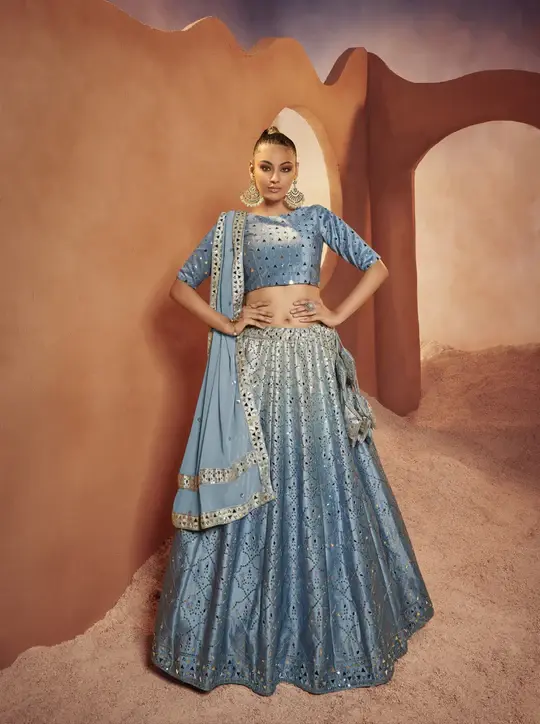 Buy    Designer Dusty Sky Color Mirror & Sequence Work Velvet Lehenga Choli