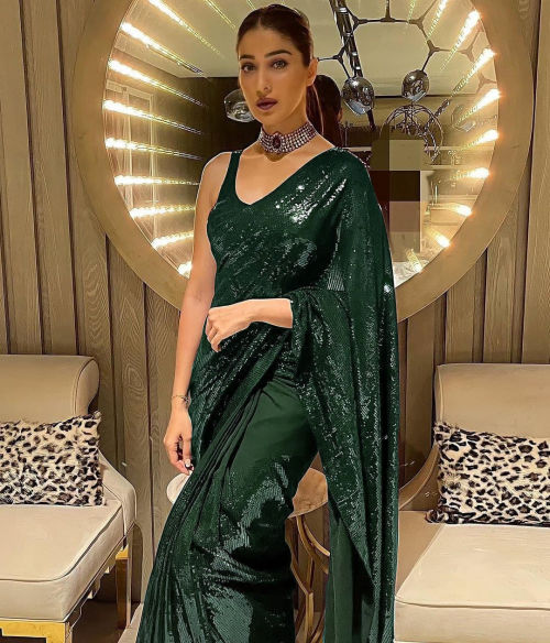 Party Wear Sequence work Green colour Saree