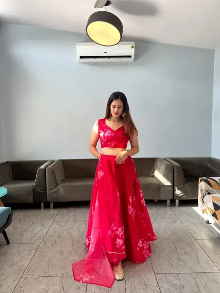 Buy Party Wear Organza Silk Digital Printed Red Lehenga Choli