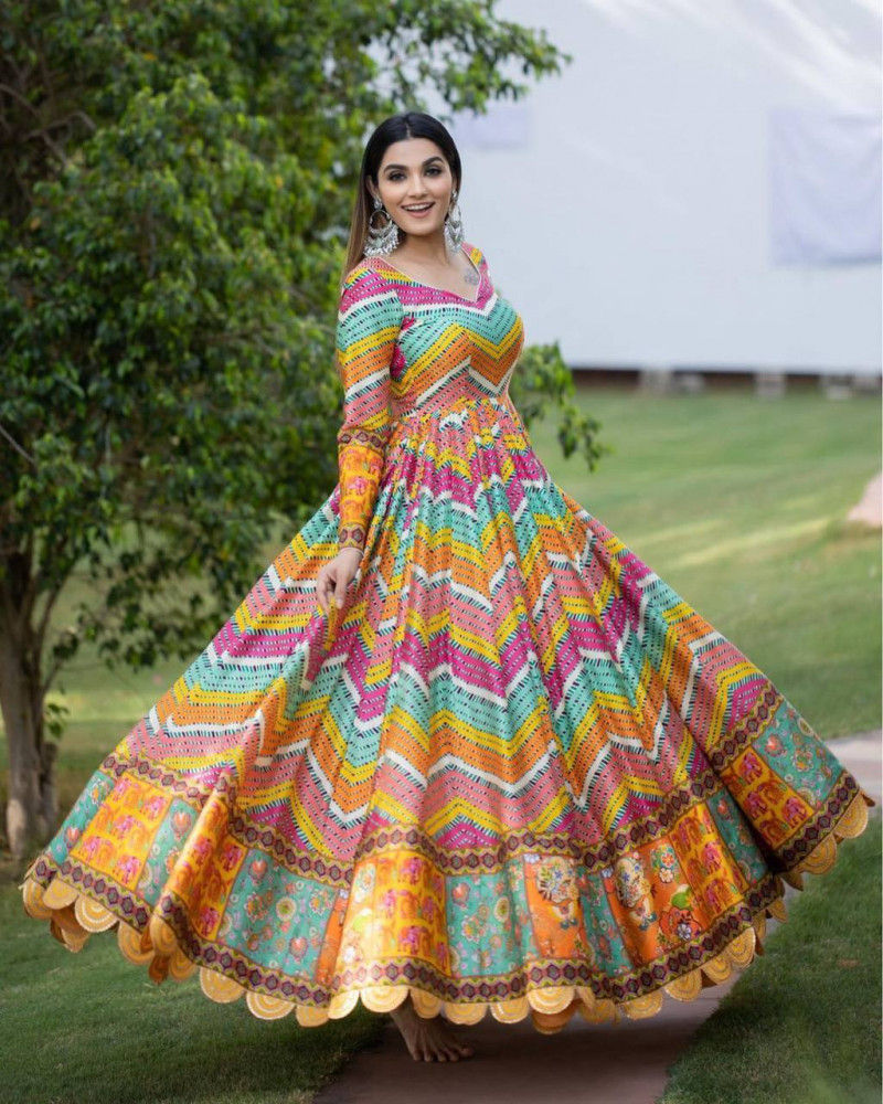 Buy Trending Multi Colored Real Mirror Work Heavy Long Gown
