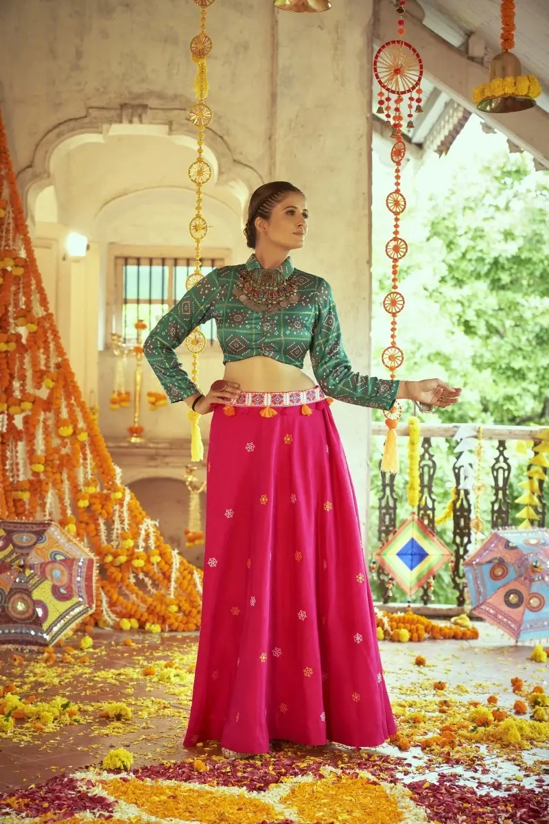 Buy Navratri Special Green With Pink Color Ready To Wear Croptop Lehenga
