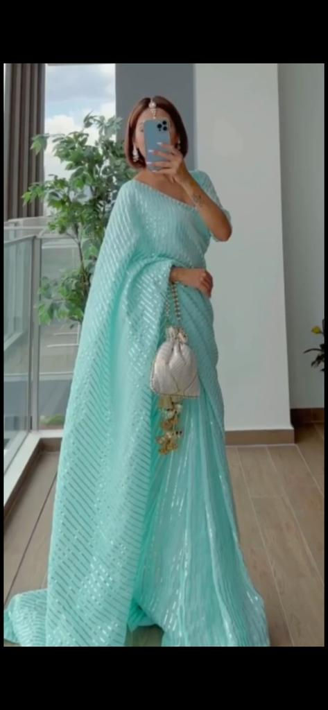 Latest Firozi  Colored  gota  Patti Work Saree