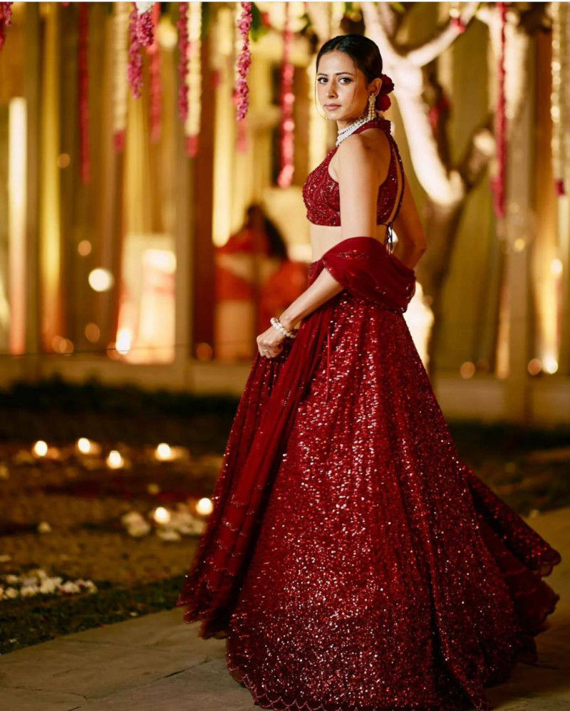 Thumbnail: Buy Designer Bridal Wear Sargun Mehta Embroidery Sequence Work Lehenga Choli Wi
