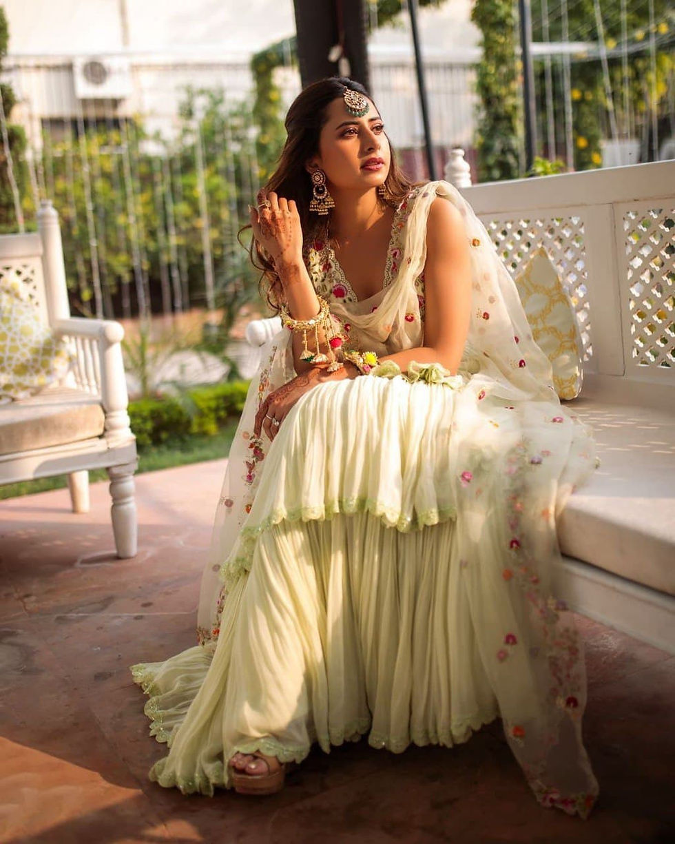 Thumbnail: Buy Bollywood Inspired Pastel Green Color Ruffle Lehenga Choli