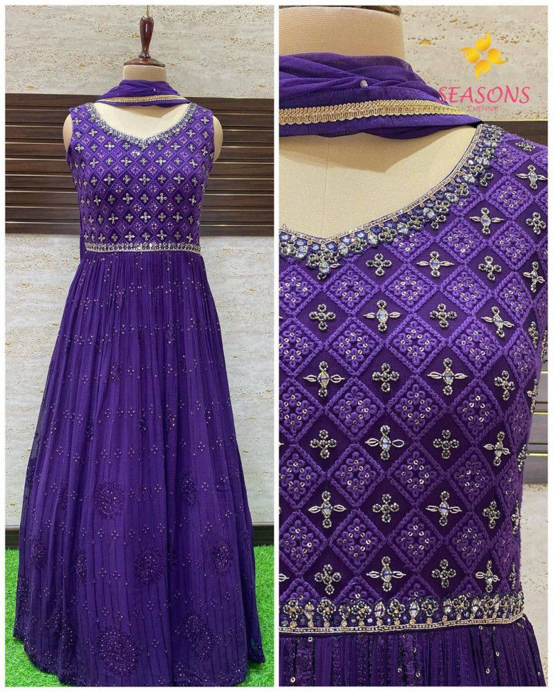 Buy Party Wear Lavender Heavy Georgette Embroidery Work Gown