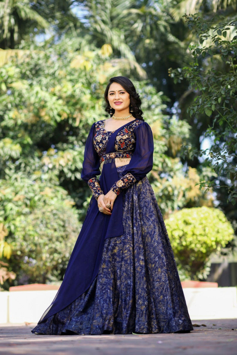 Thumbnail: Buy Navy Blue Colored Designer Printed Party Wear Women Lehenga