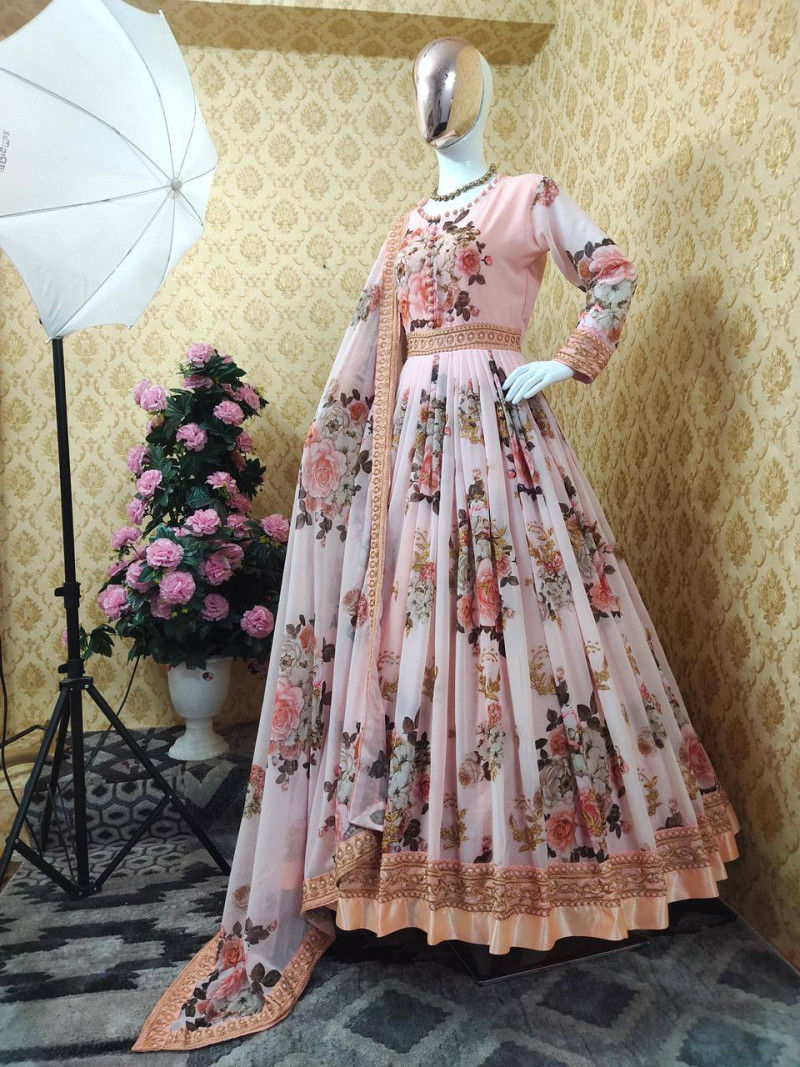 Buy Beautiful Peach Colored Printed Women Gown