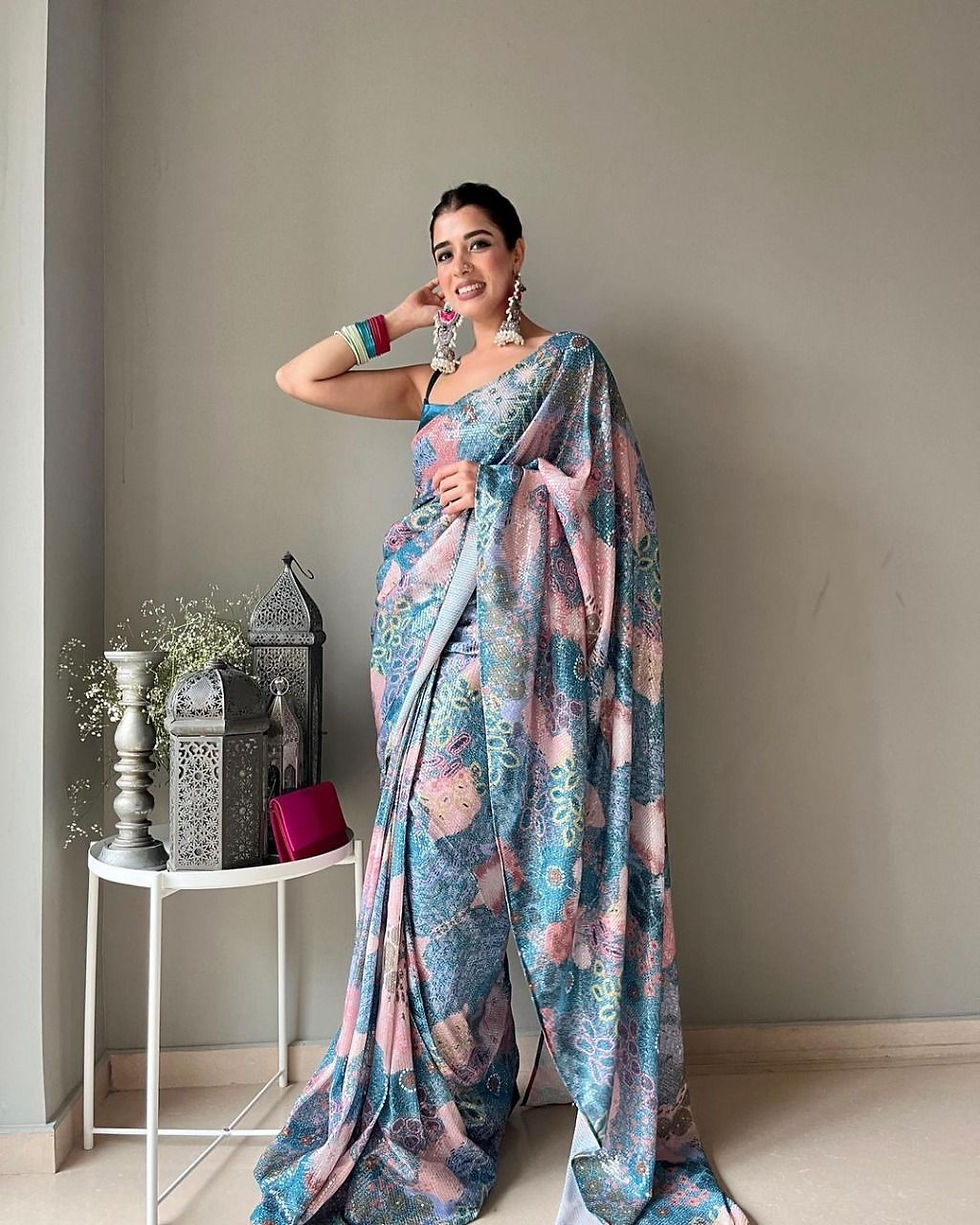 Thumbnail: Buy latest Vichitra Print Blue Colored saree