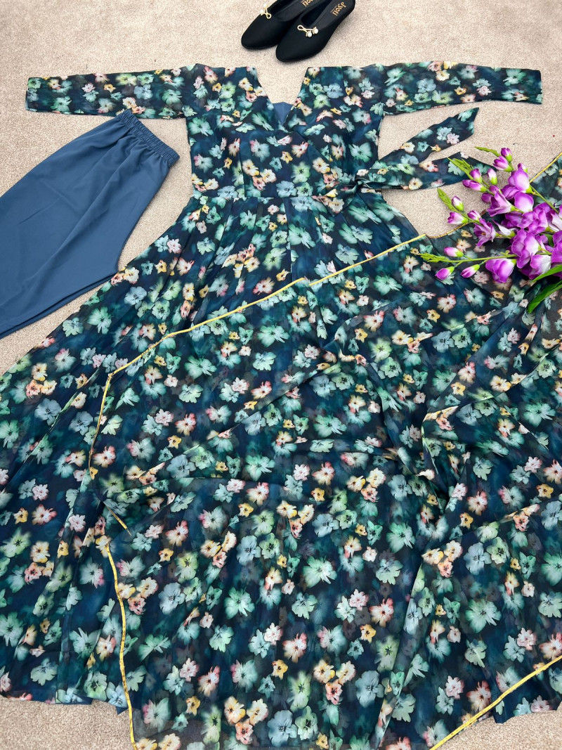 Buy Trendy Blue Color With Flower Print Organza Silk Gown
