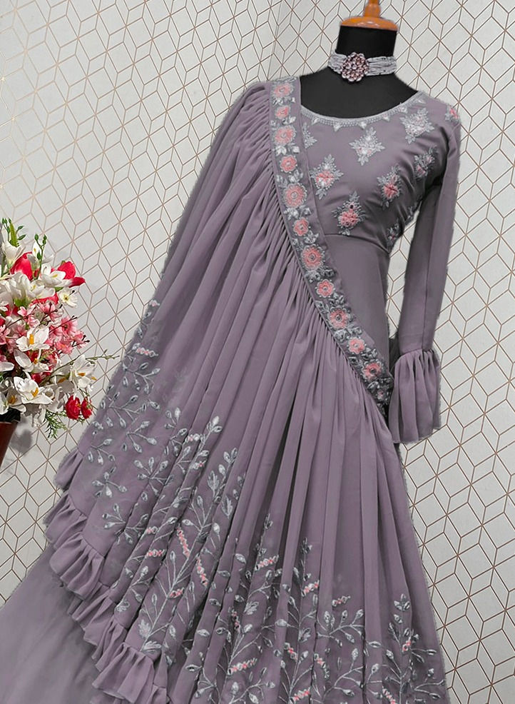 Thumbnail: Designer Three way wearing style Gray colour Suit On Heavy Georgette fabric with Thread Work