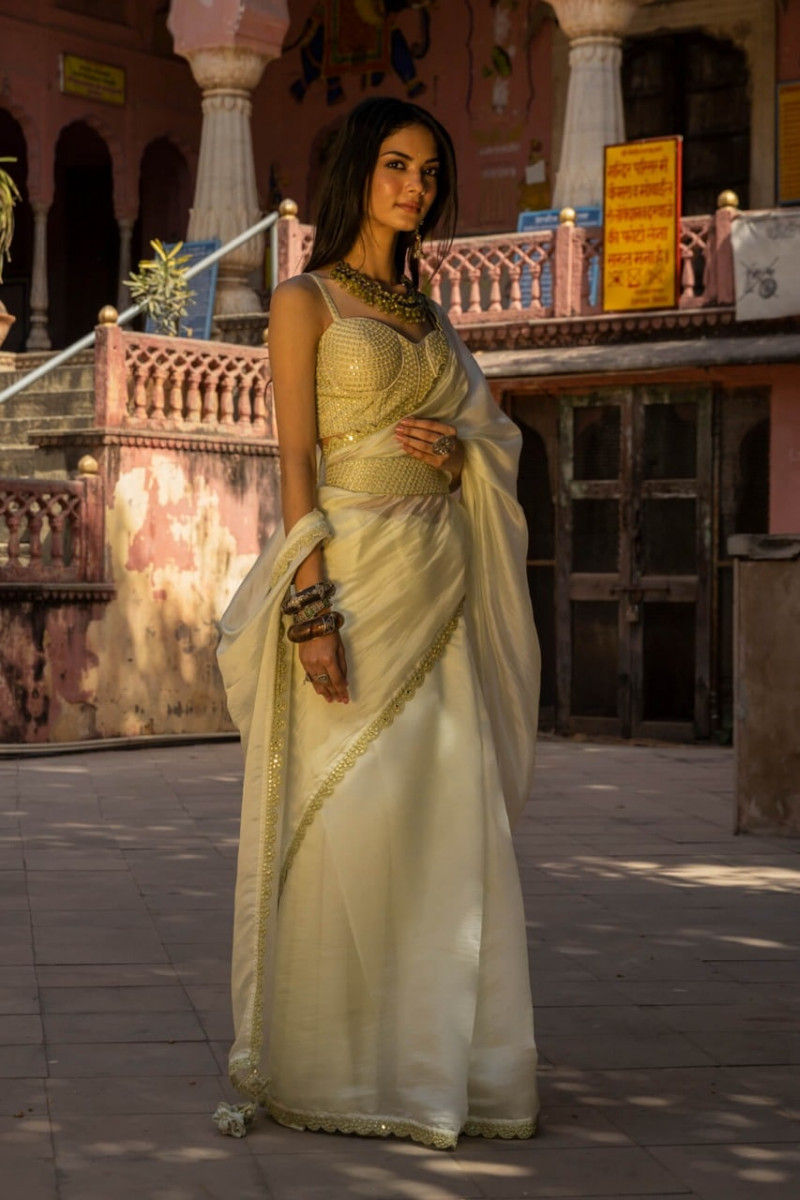 Buy Occasion Wear White Organza Silk Saree With Paper Mirror Work