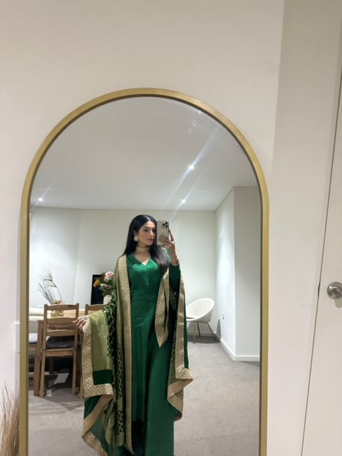 Thumbnail: Pure Silk Long Kurta, Pallazo & Bhandej Duppatta (Emerald Green)