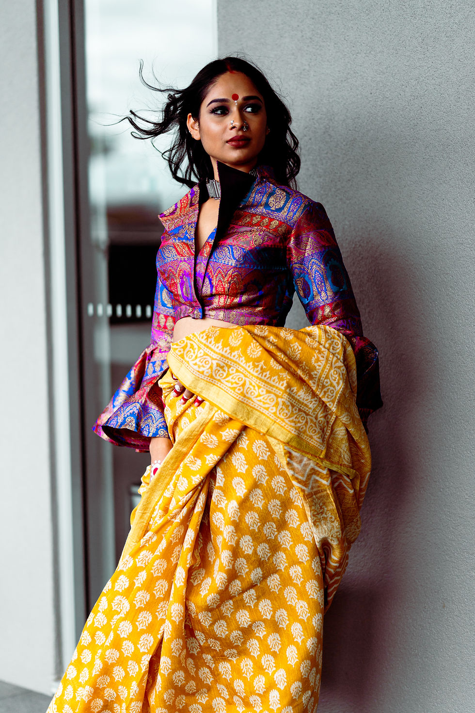 Thumbnail: MAYA Block Print Cotton Silk Saree with Gold Zari