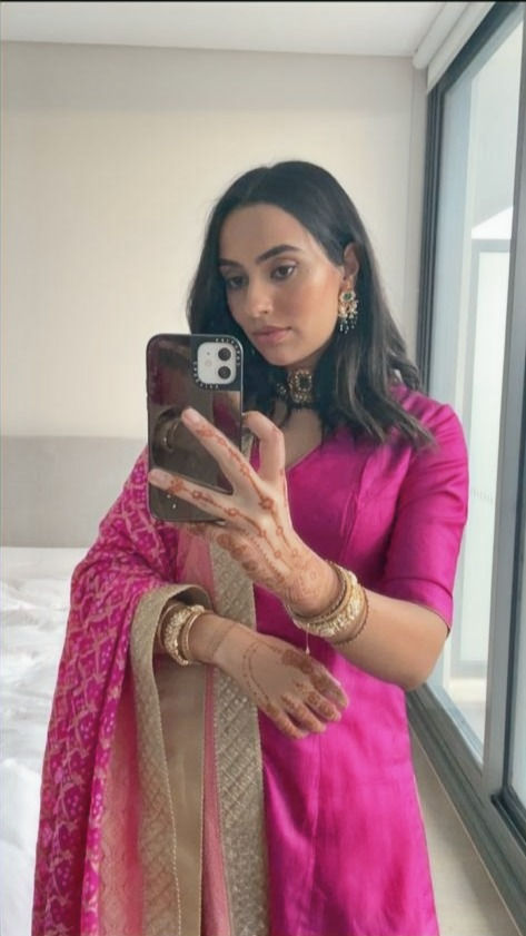 Thumbnail: Pure Silk Long Kurta, Pallazo & Bhandej Duppatta (Rani Pink)