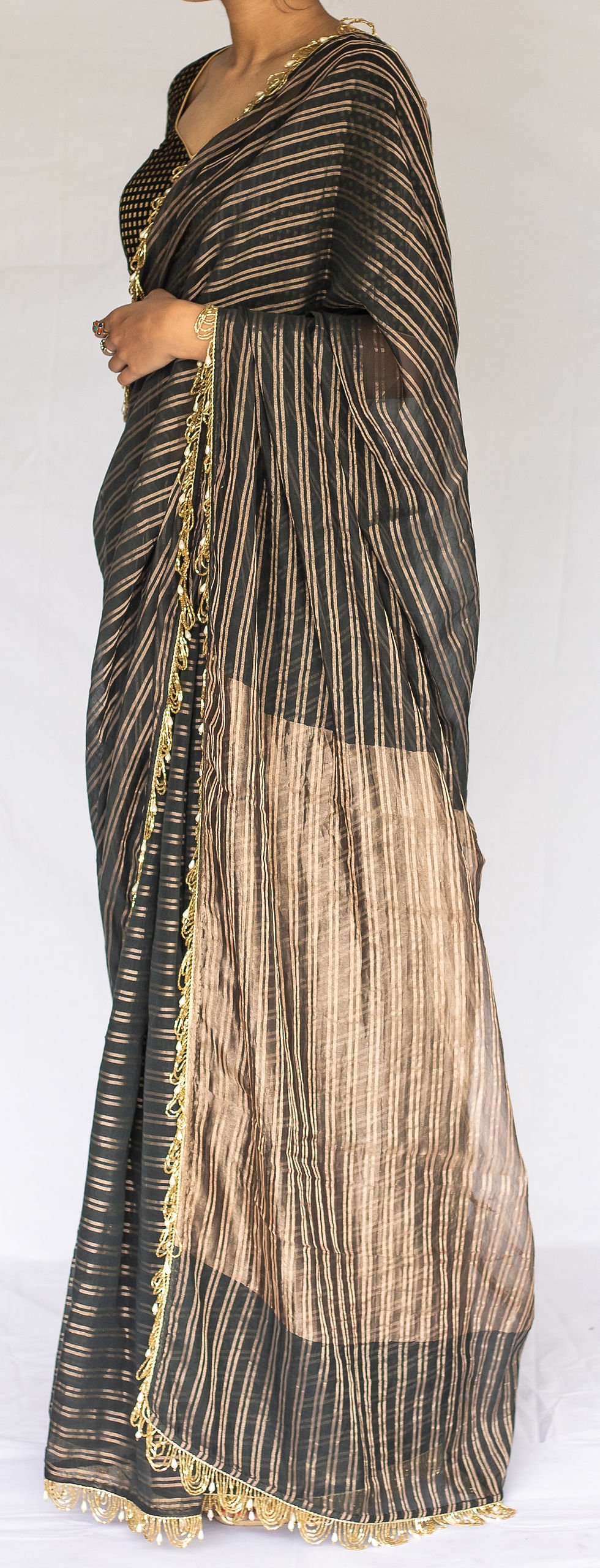 Thumbnail: Tissue Zari Silk Saree with Sequins borders (Black & Antique Gold)