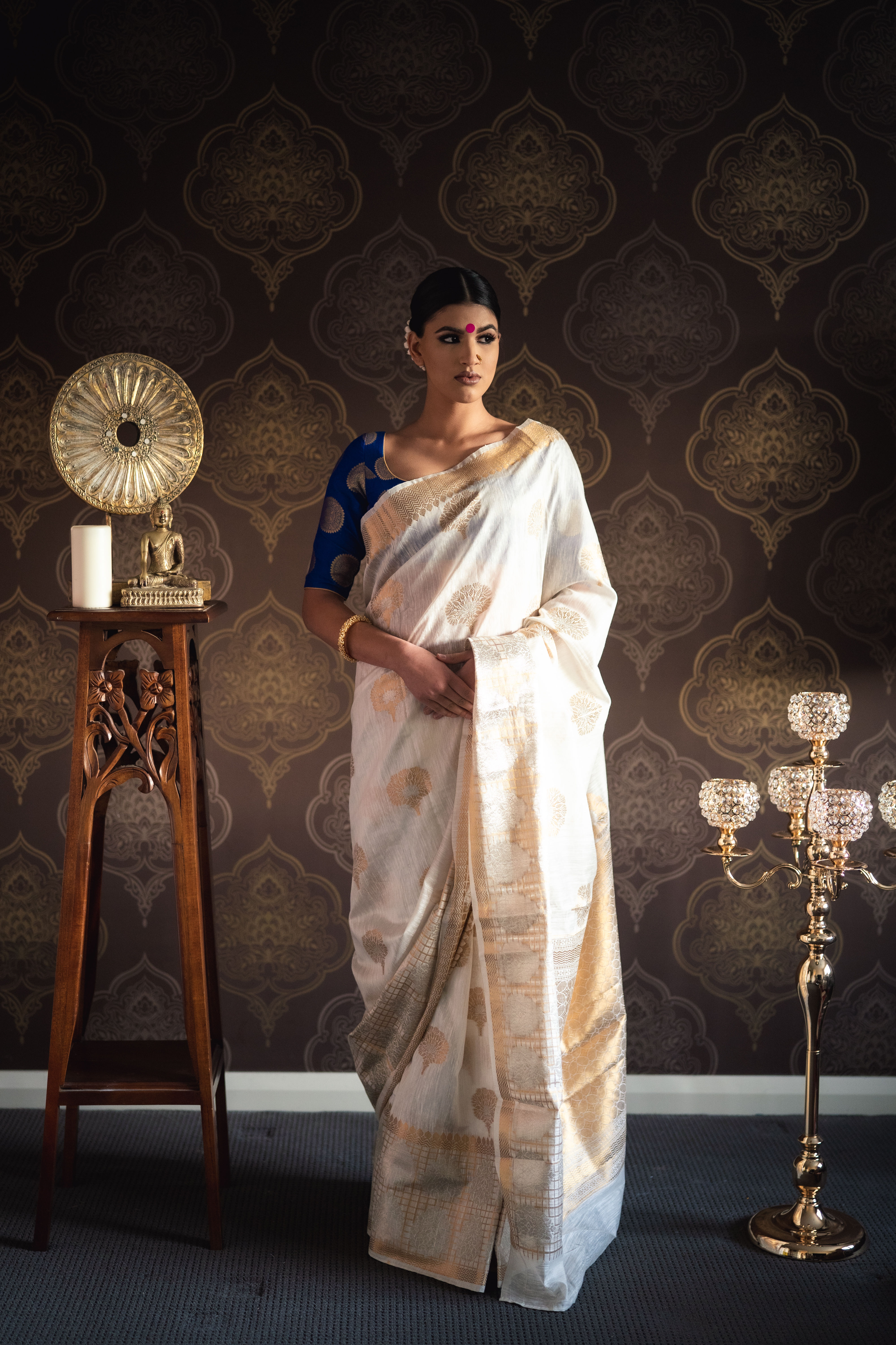 Banarasi Silk Saree paired with Banarasi Pure Silk Blouse (Blue)