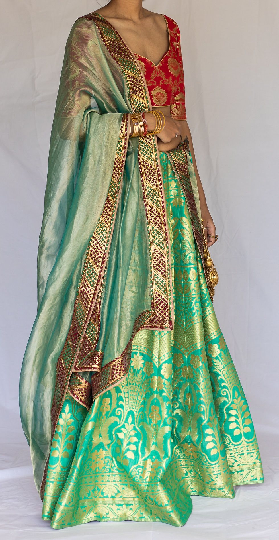 Thumbnail: Khadi Banarasi Silk Lehenga Set (Green & Red Combo)