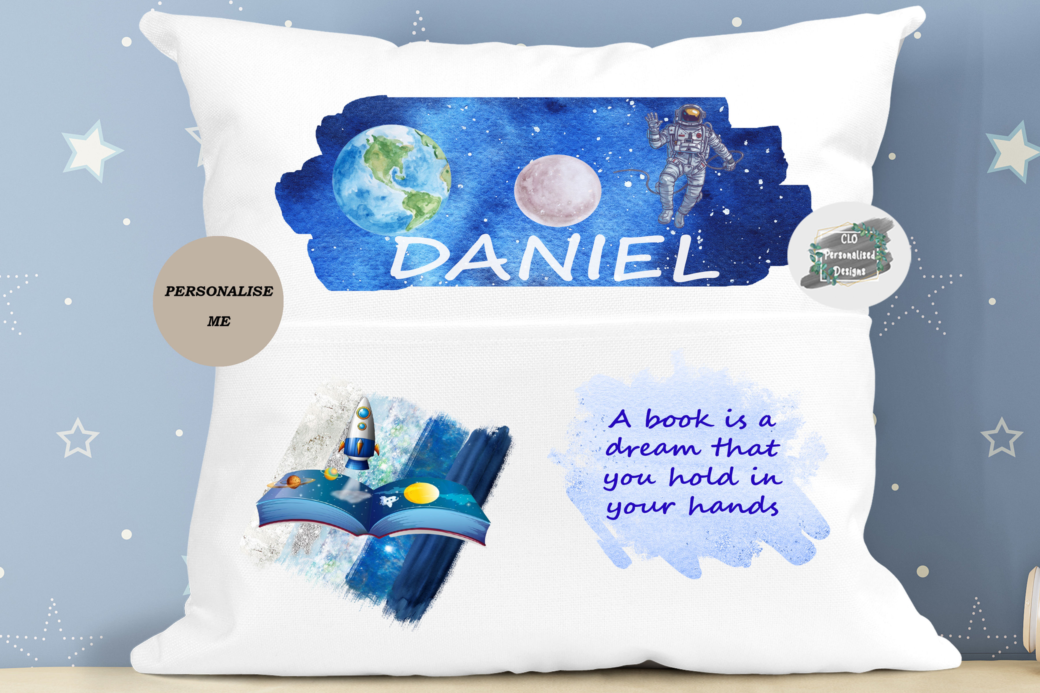 Personalised Kids Space Book Cushion, Room Decor, Reading Book Pillow