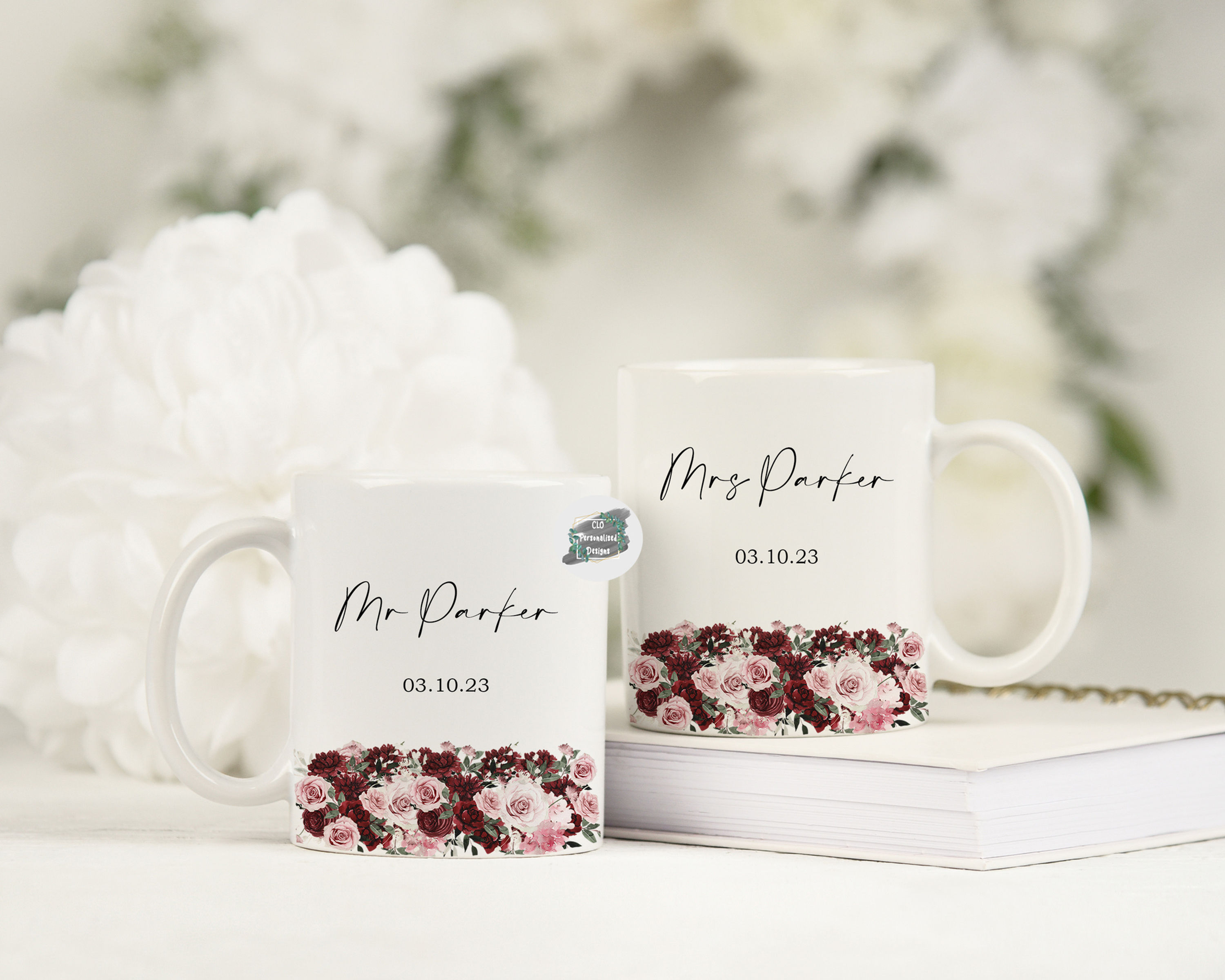 Personalised Burgundy Blush Wedding Mugs, Couples Wedding Mugs, Mr, Mrs Mugs