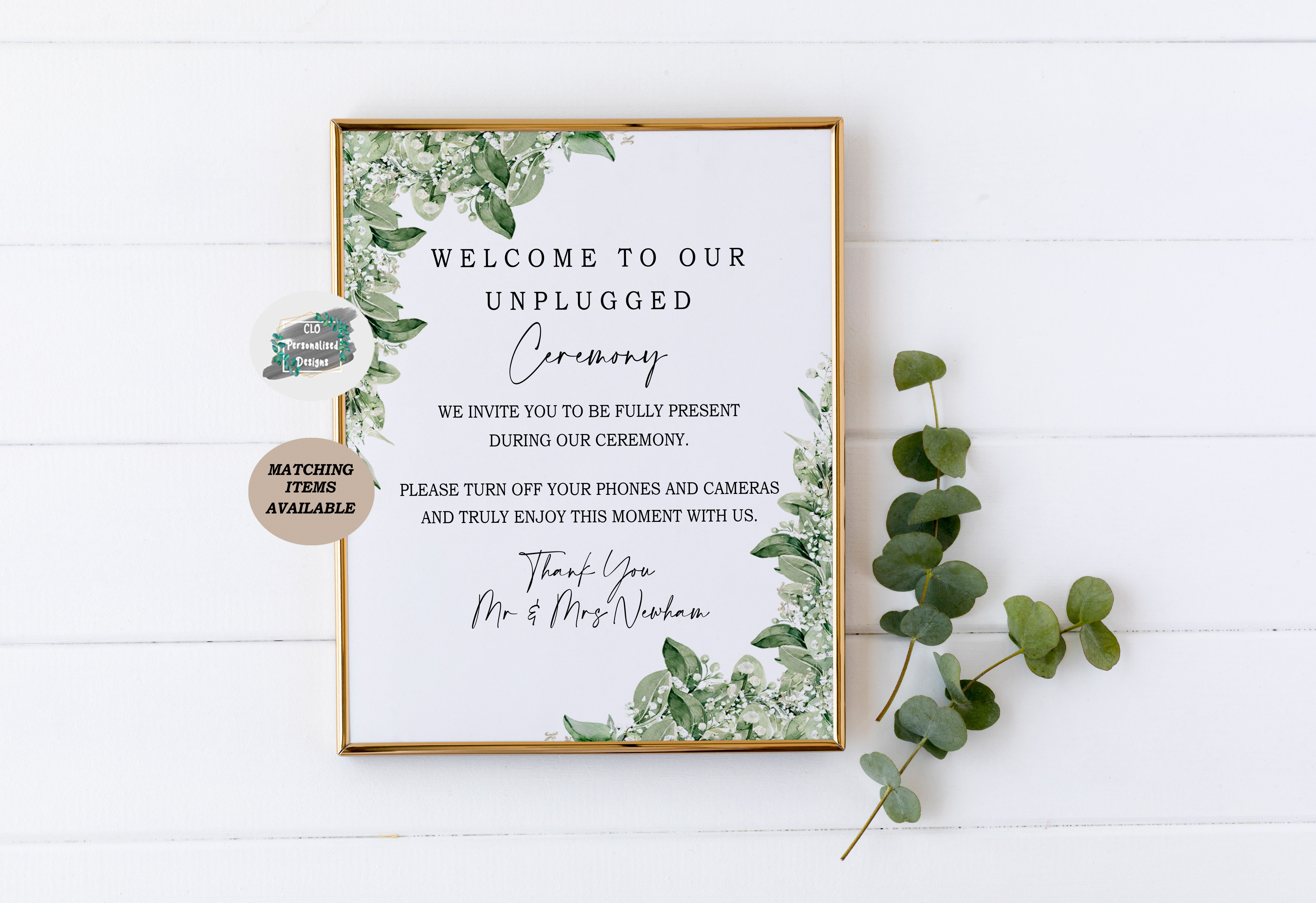 Personalised Unplugged Wedding Sign, Greenery No Phones Sign, Wedding Stationary