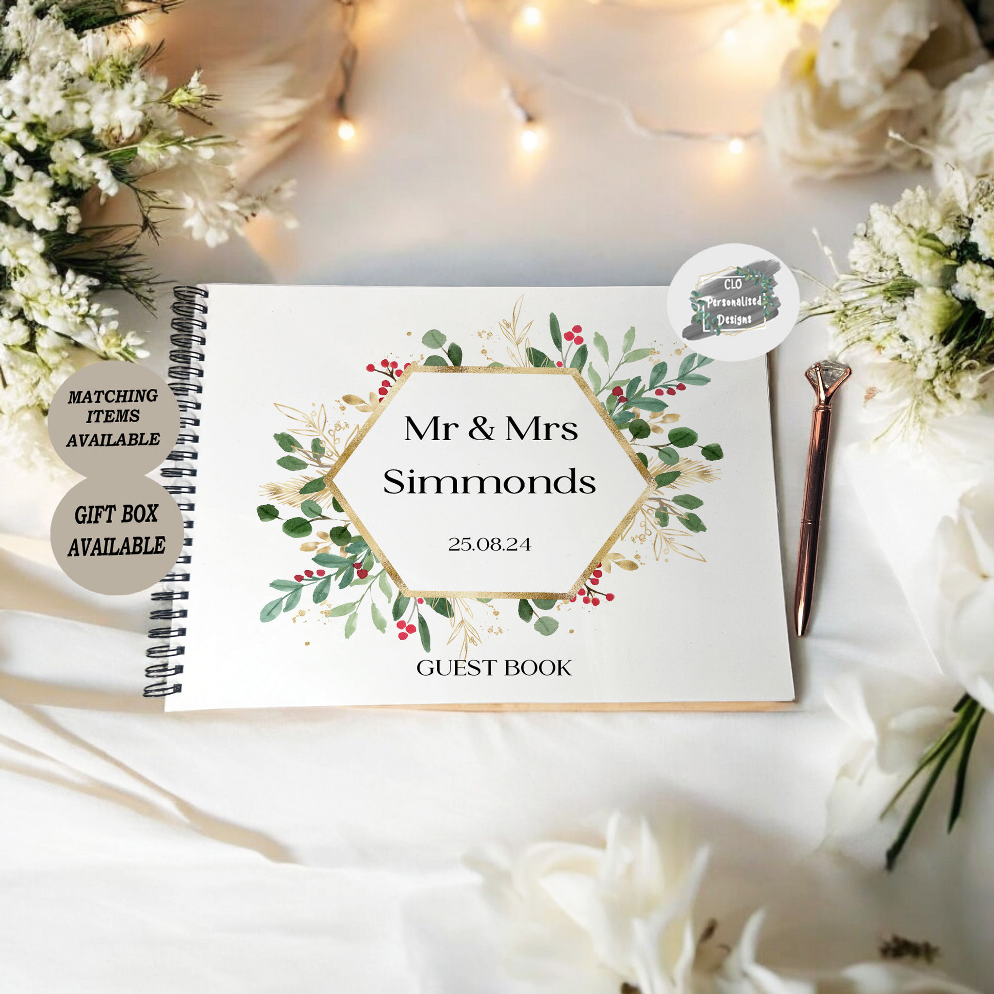 Personalised Wedding Guest book, Winter Berries Spiral Wedding Guest Book