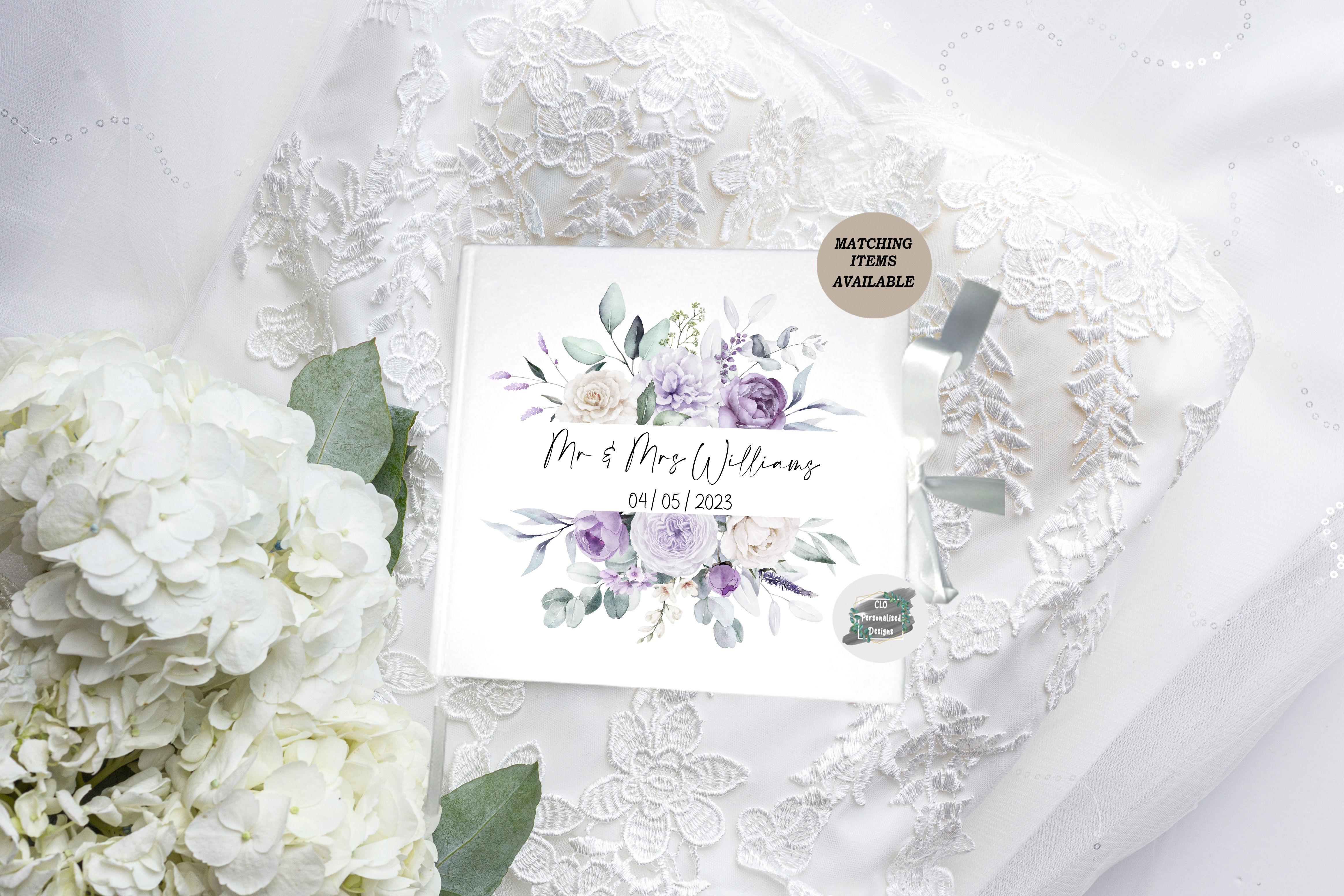 Velvet Lilac & White Floral Wedding Guestbook, Keepsake Book,