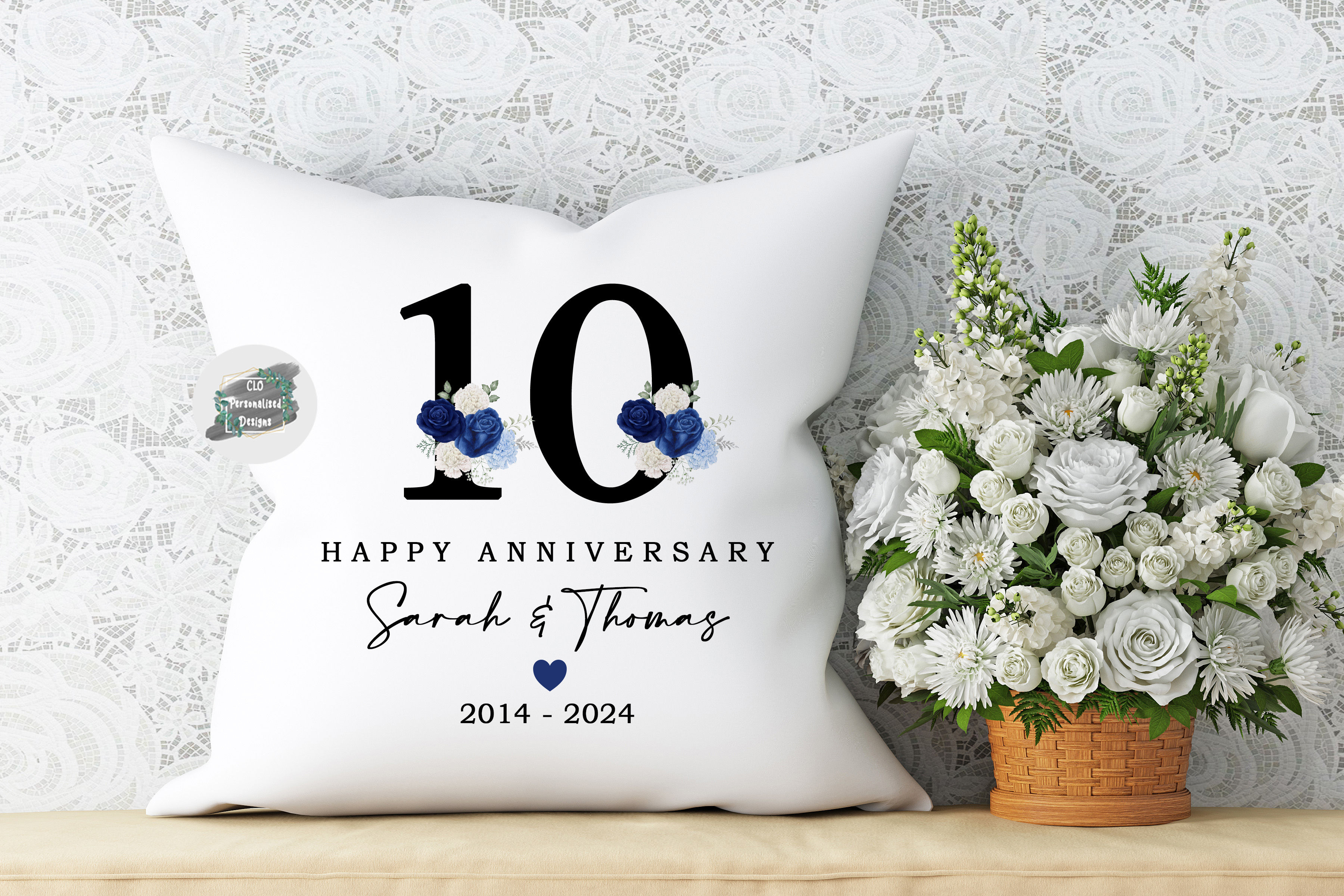 Personalised Floral Anniversary Cushion, 10 Year Wedding Anniversary Gift