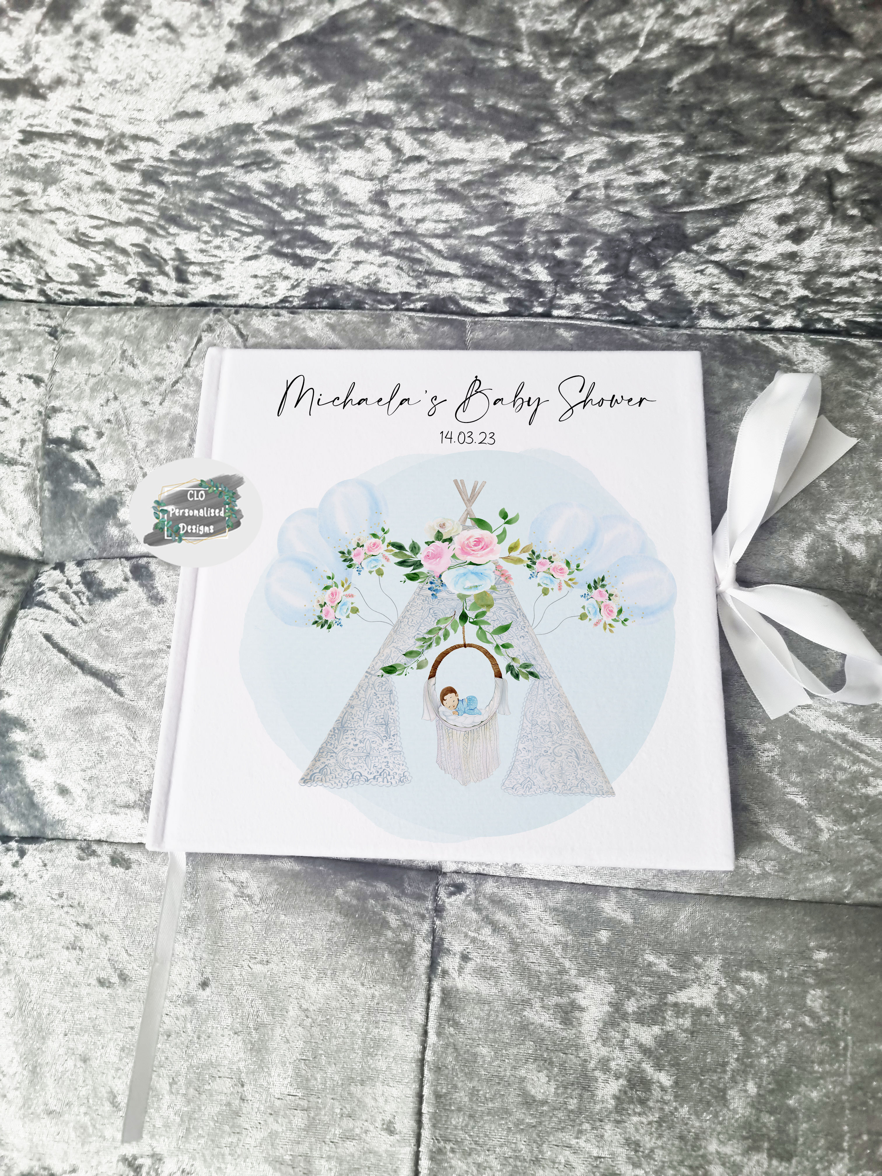 Blue Boho Baby Shower Keepsake Book, Pregnancy Journal, Baby Shower