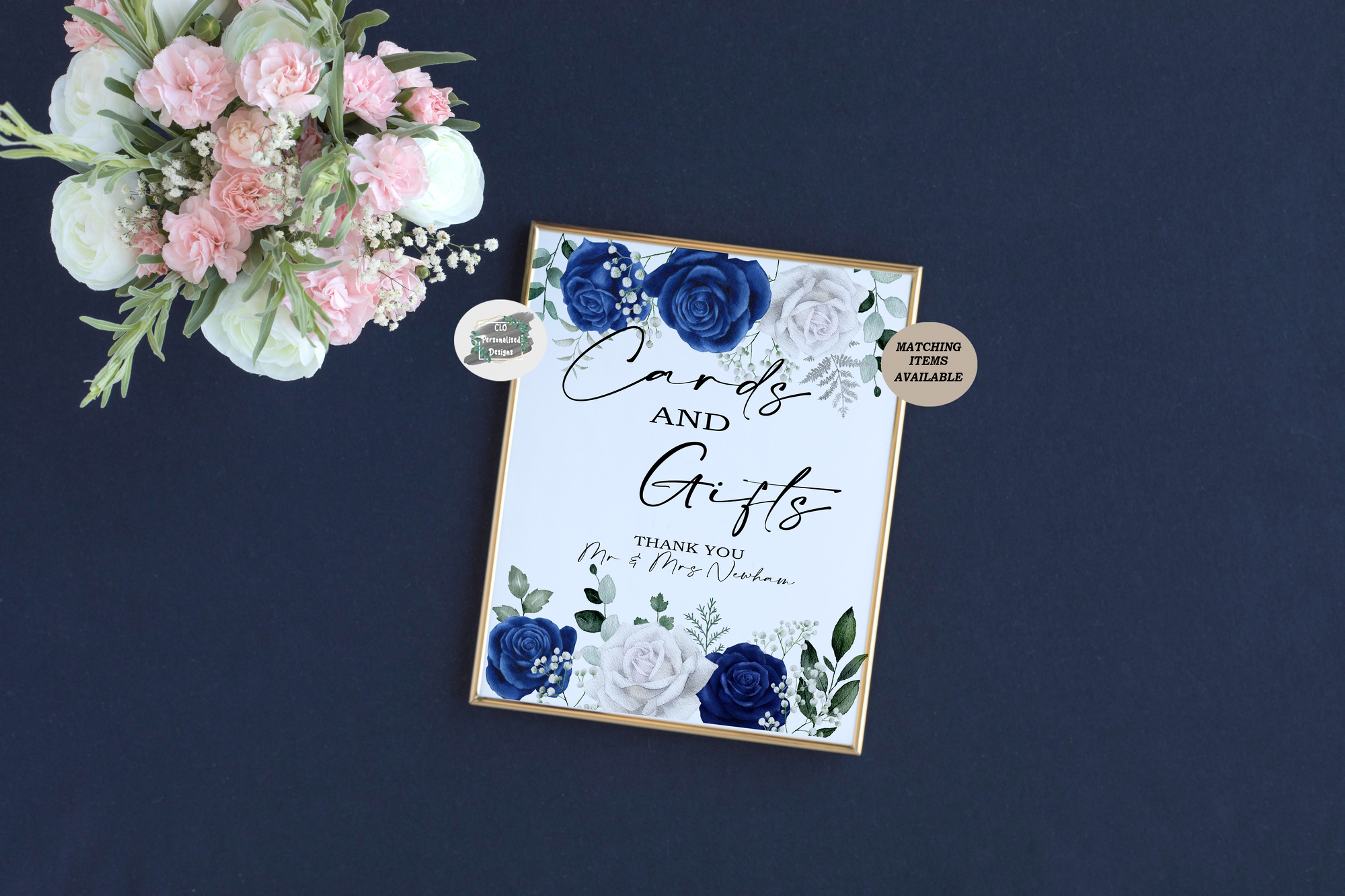 Personalised Cards & Gifts Sign, Navy White Presents Sign, Wedding Stationery