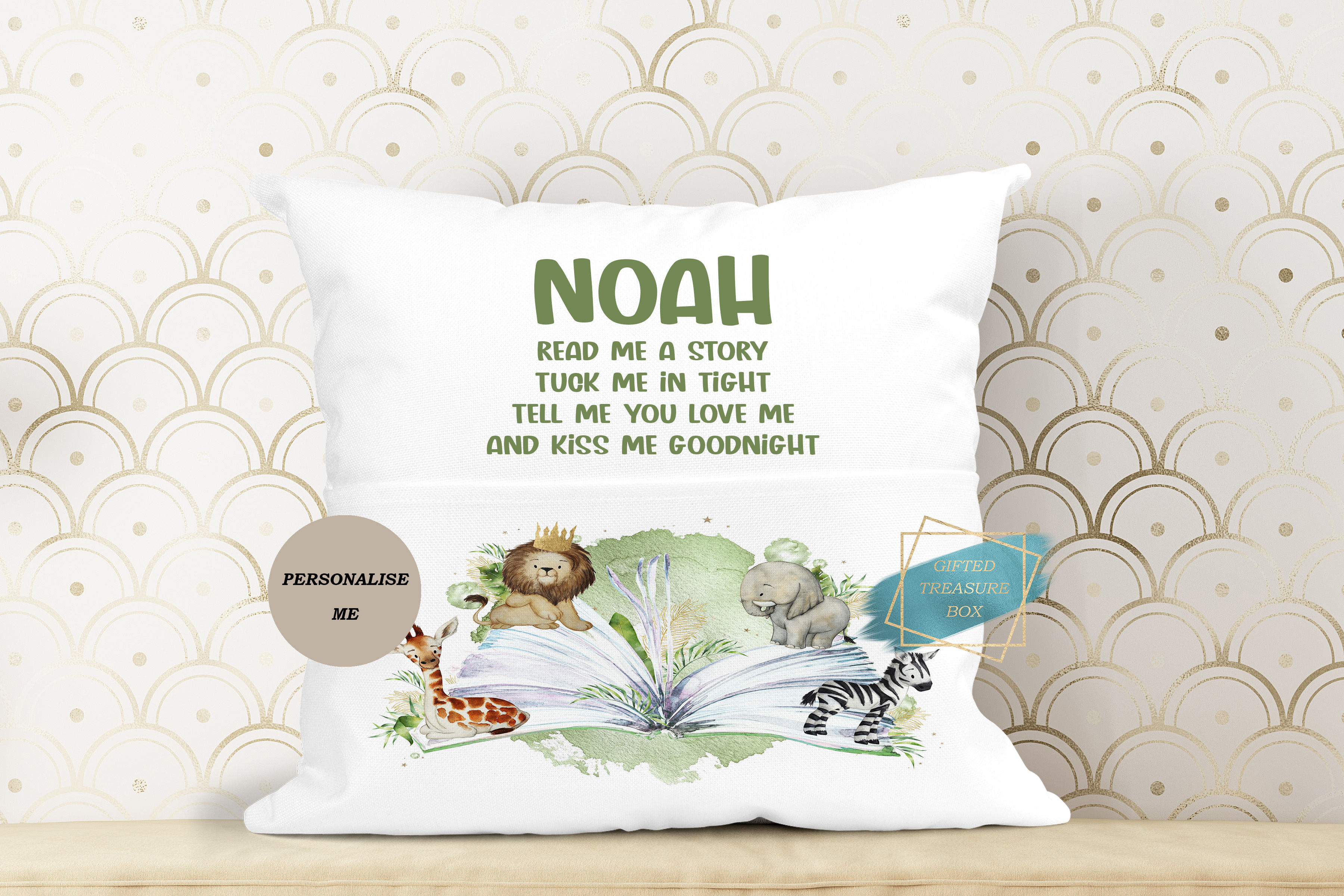 Personalised Kids Safari Animals Book Cushion, Room Decor, Reading Book Pillow