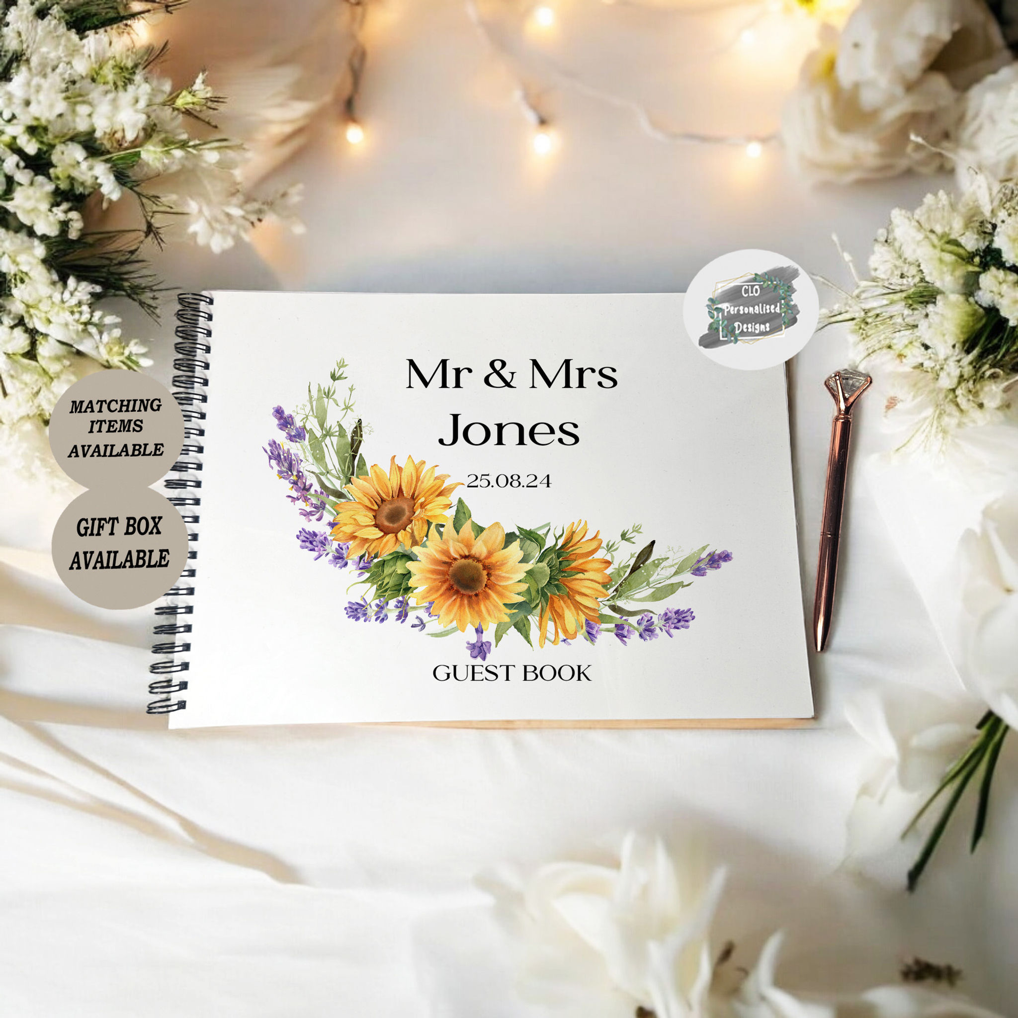 Personalised Wedding Guest book, Sunflower Lavender Spiral Wedding Guest Book