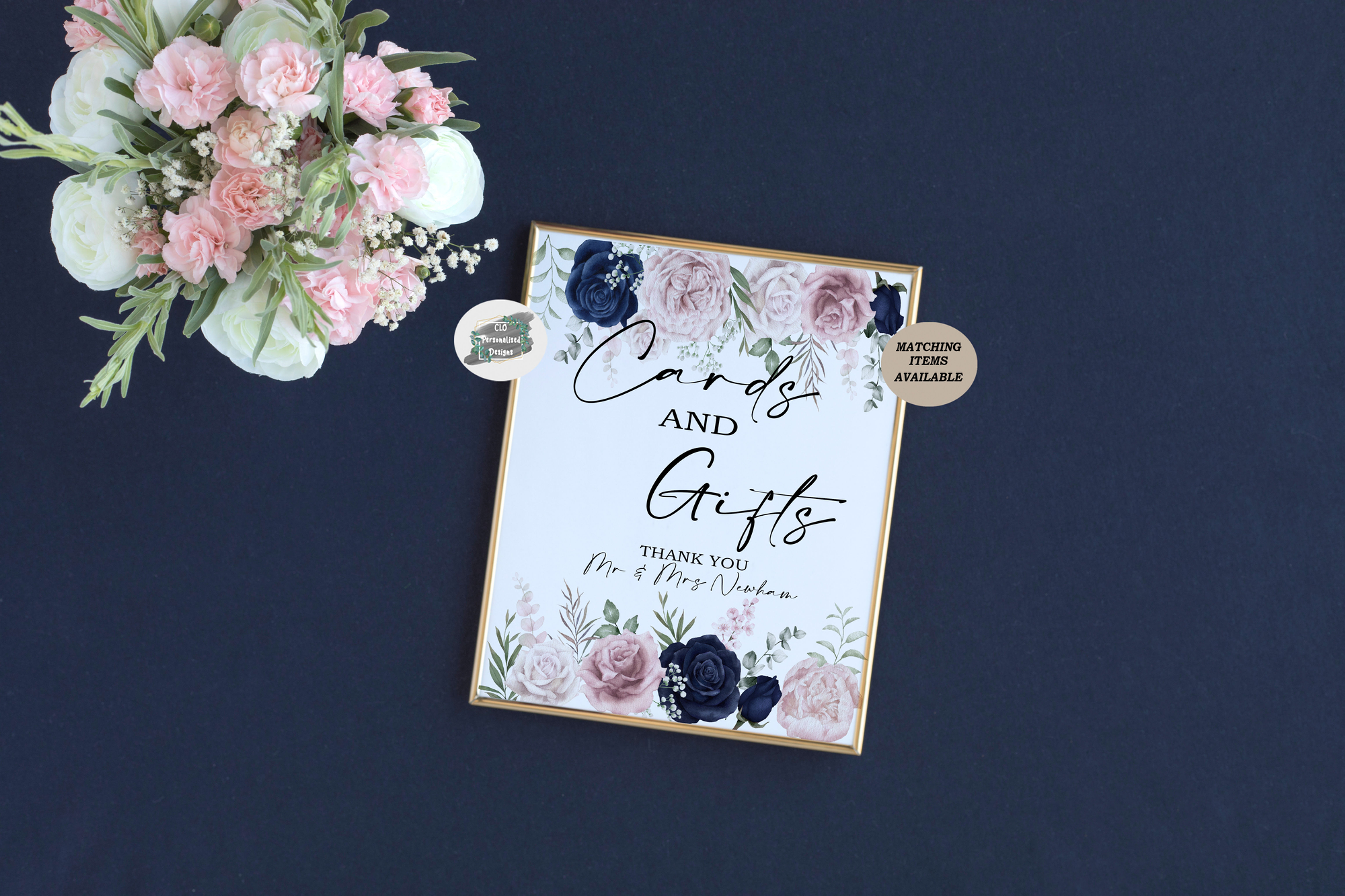 Personalised Cards & Gifts Sign, Navy Blush Presents Sign, Wedding Sta