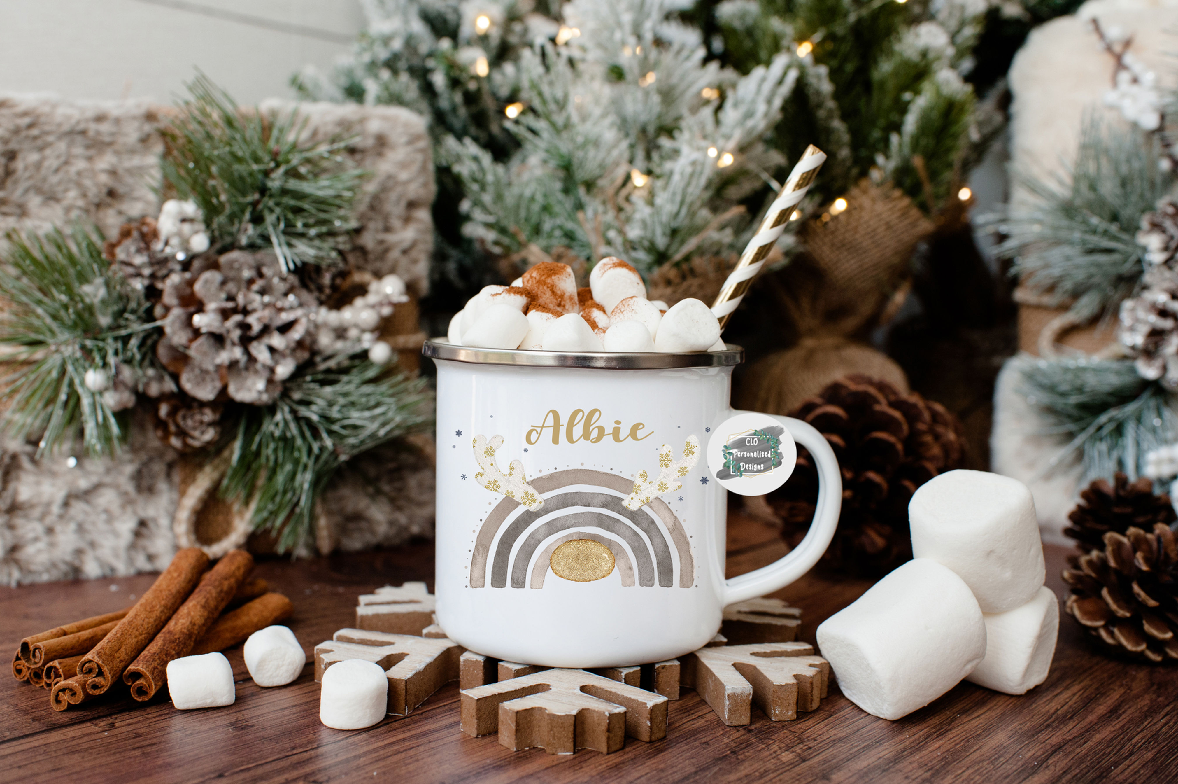 Personalised Hot Chocolate Mugs, Reindeer Rainbow Hot Chocolate Mug
