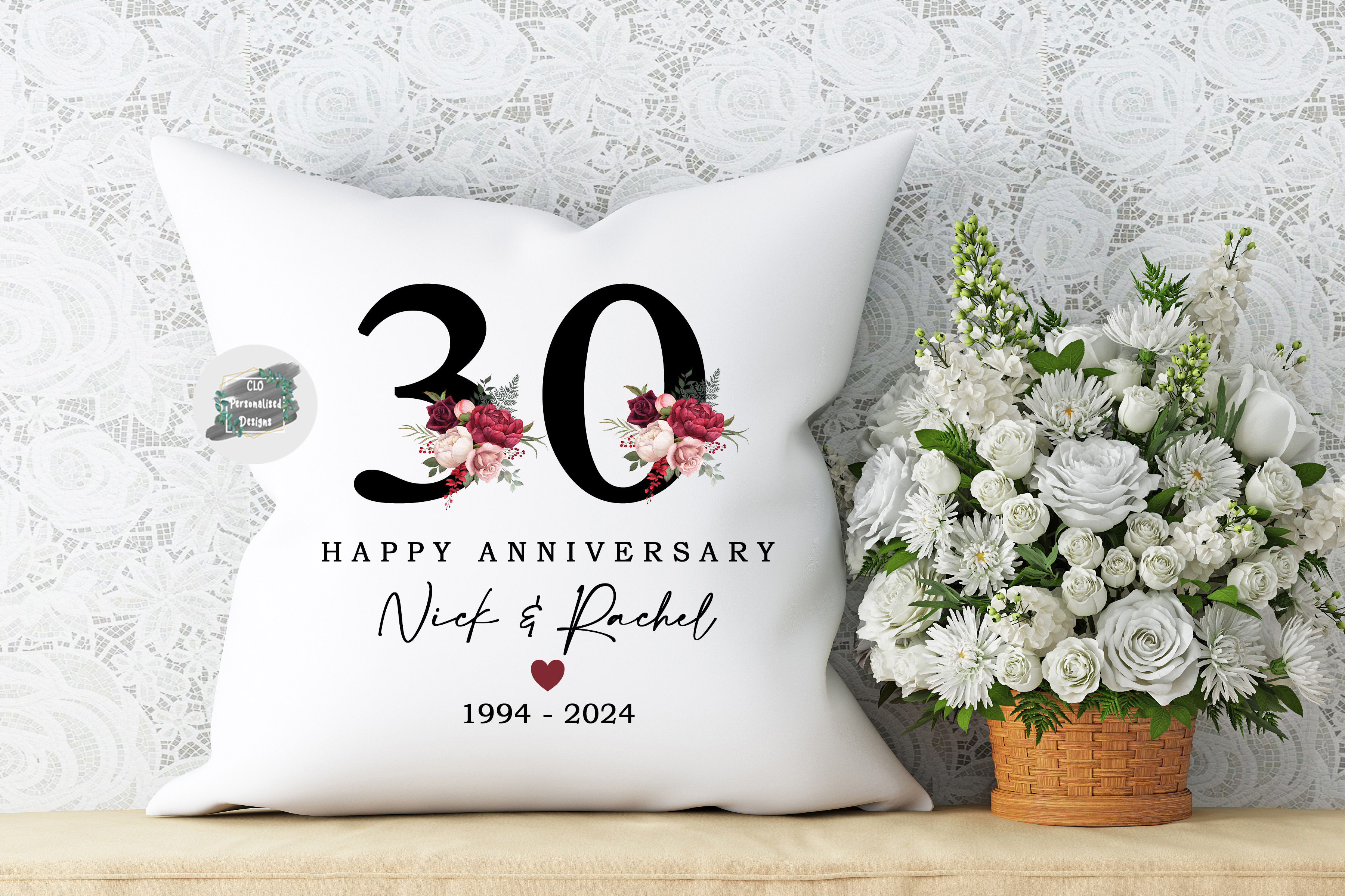 Personalised Floral Anniversary Cushion, 30 Year Wedding Anniversary Gift