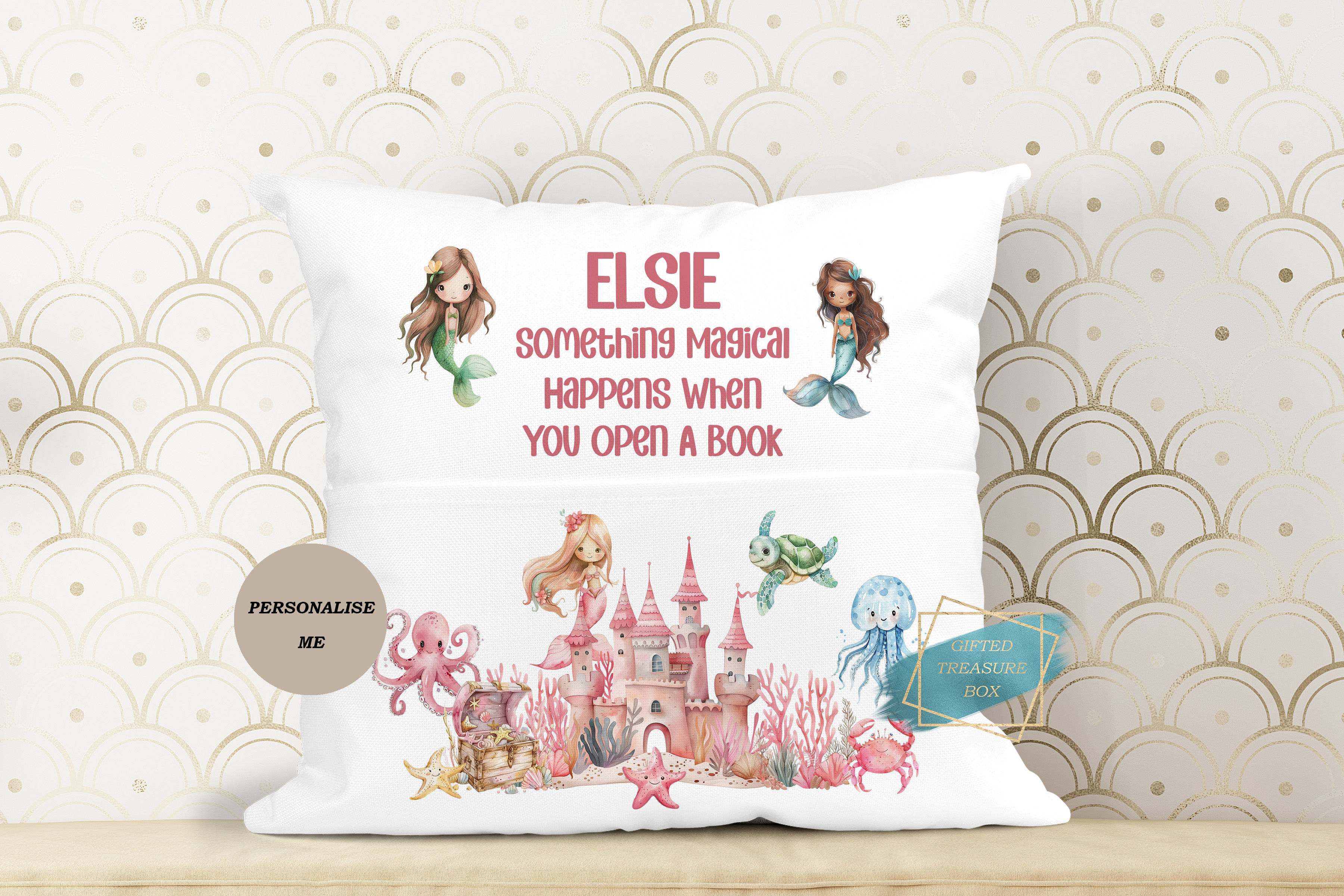 Personalised Kids Mermaid Book Cushion, Room Decor, Reading Book Pillow