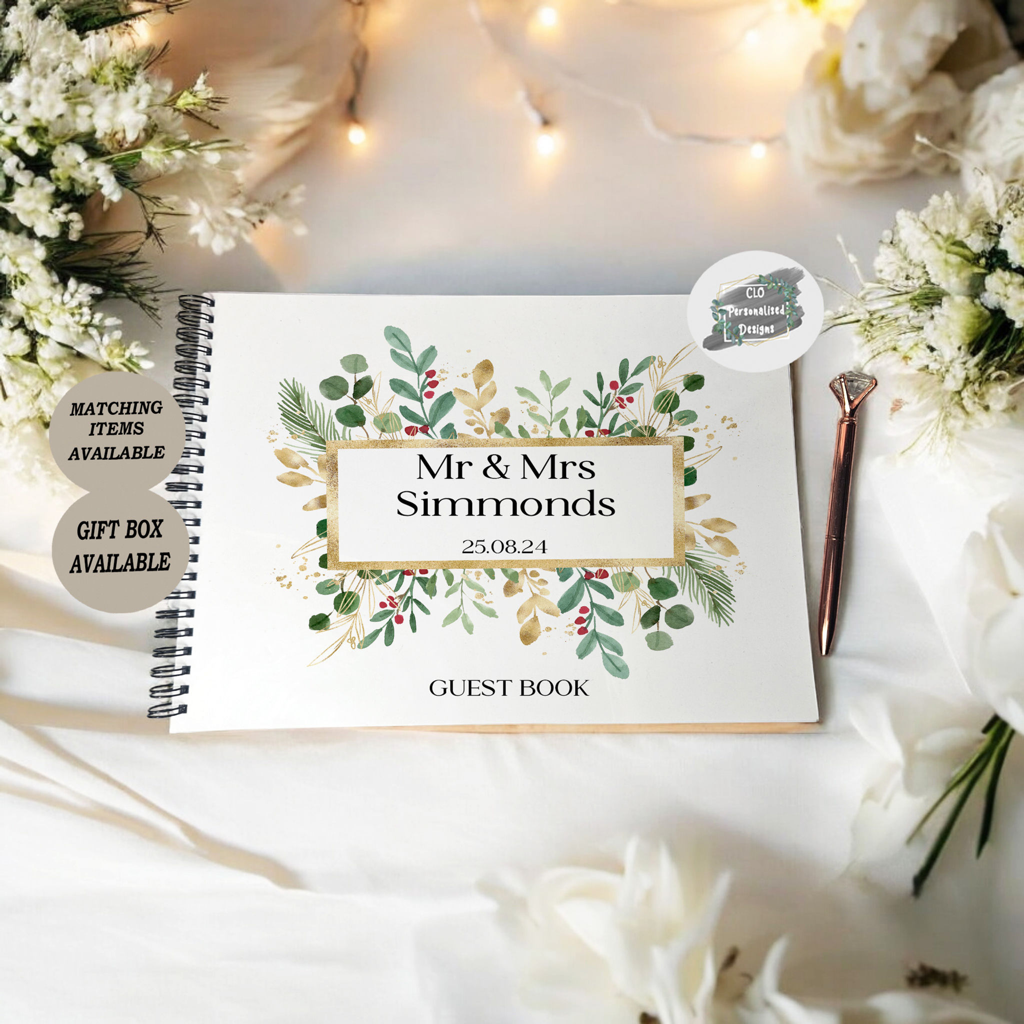 Personalised Wedding Guest book, Winter Berries Spiral Wedding Guest Book