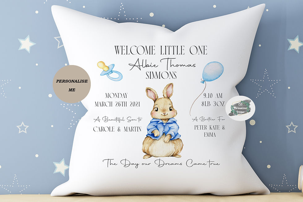 Personalised Boys Blue Rabbit Birth Stats Cushion, Kids Room D