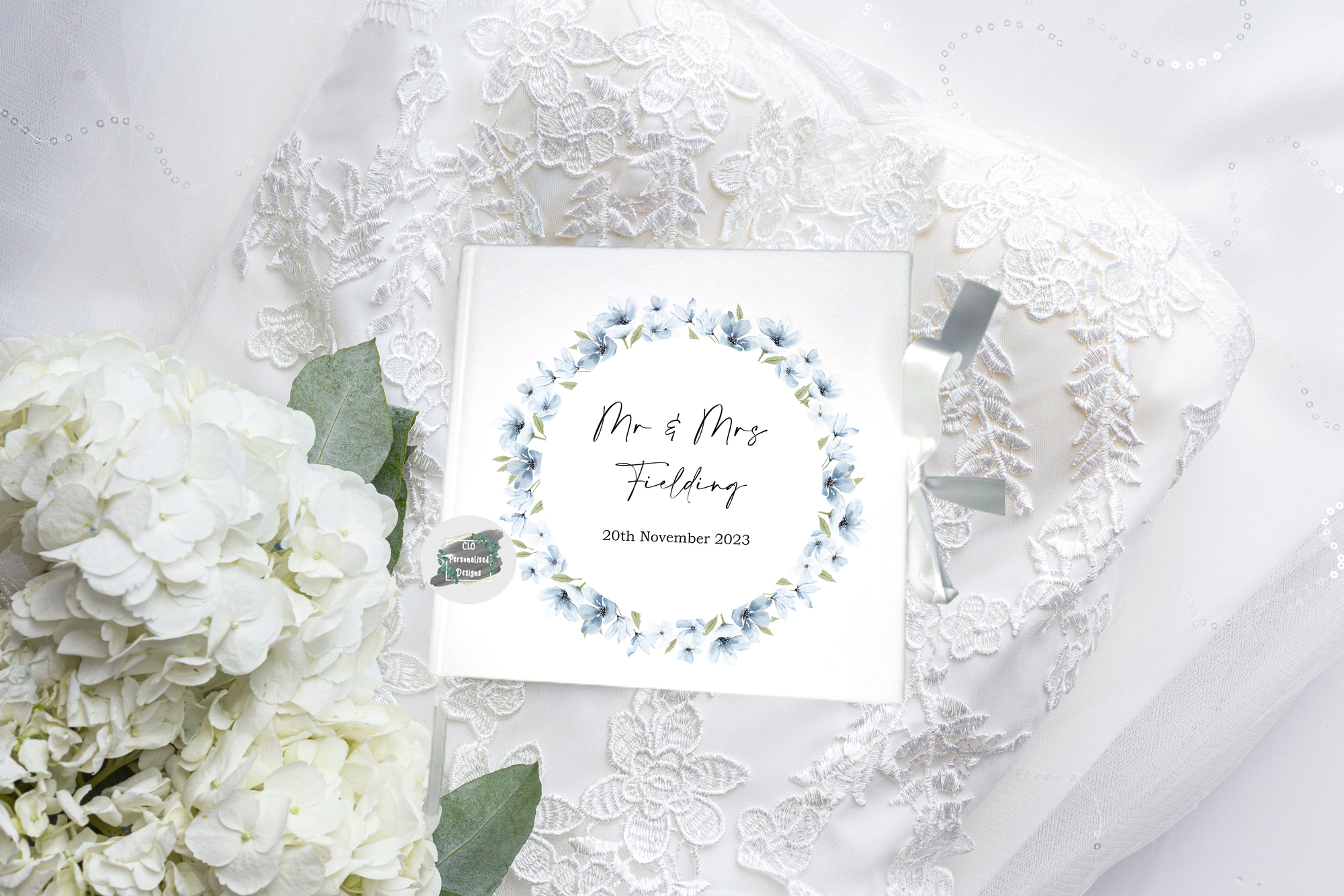 Velvet Light Blue Floral Heart Wedding Guestbook, Keepsake Book,